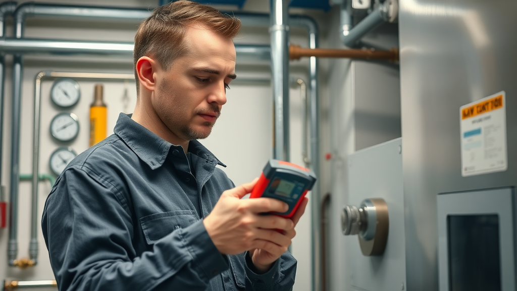 Professional performing gas line appliance installation and boiler safety check