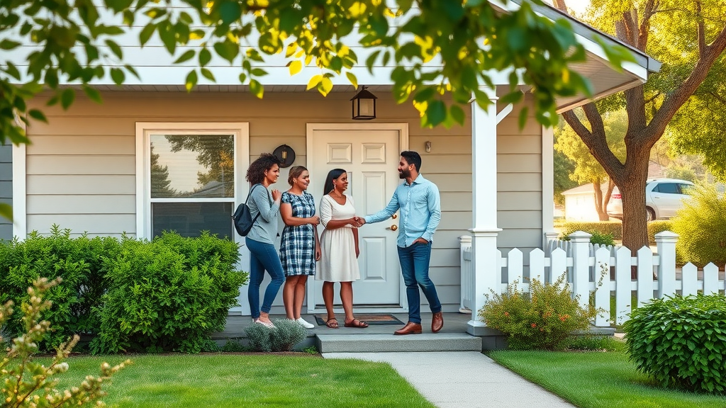 Family and agent discussing home buying guidance outside new suburban house.