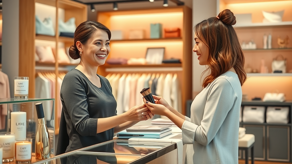 Boutique staff assisting happy female shopper with women