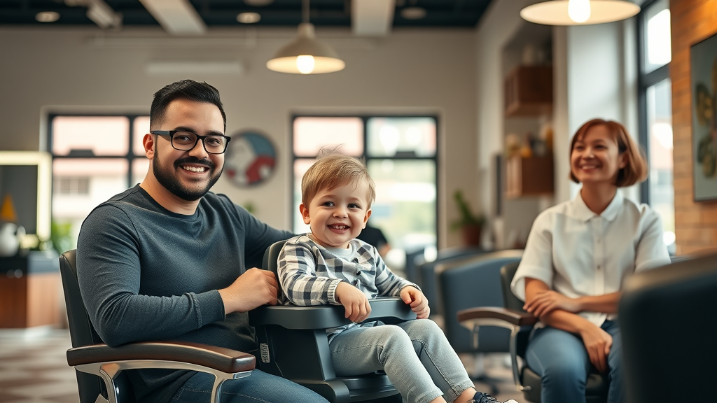 Family friendly barbershop with happy family and skilled barber in modern welcoming setting