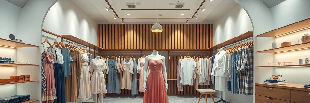Boutique interior with women’s fashion apparel and soft lighting.