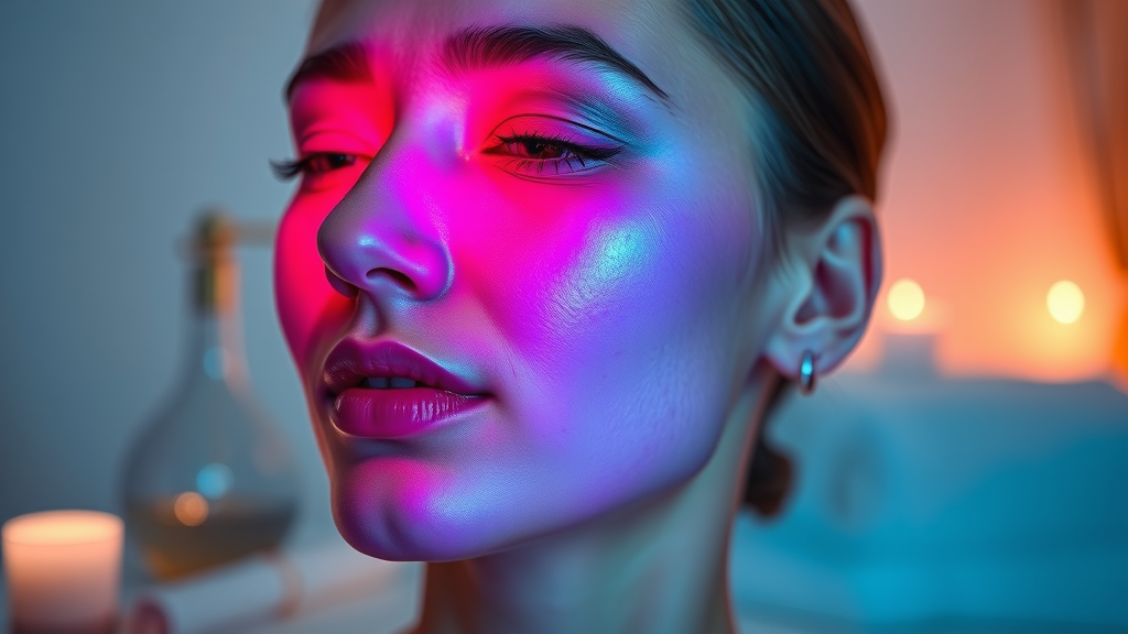Celluma LED therapy device glowing over bright, healthy skin in spa environment