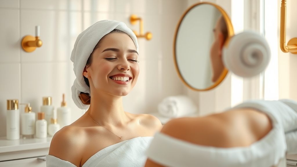 Client admiring radiant skin after facial in luxury medical spa treatment room.