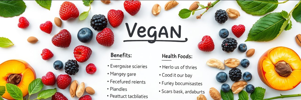 List of vegan diet health benefits with colorful plant-based foods, mindful meditation practice