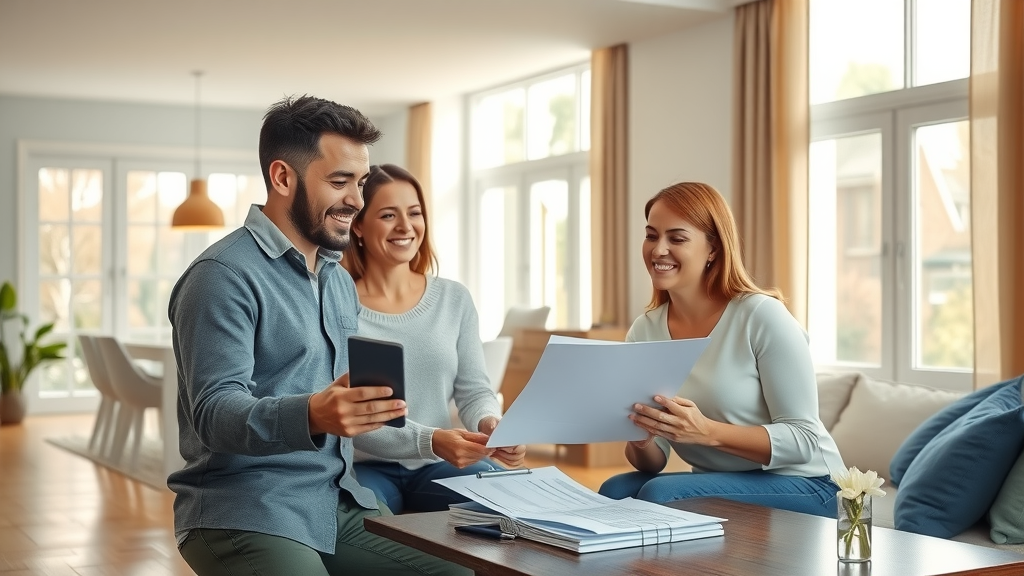 Happy couple and agent reviewing home buying guidance in modern living room.