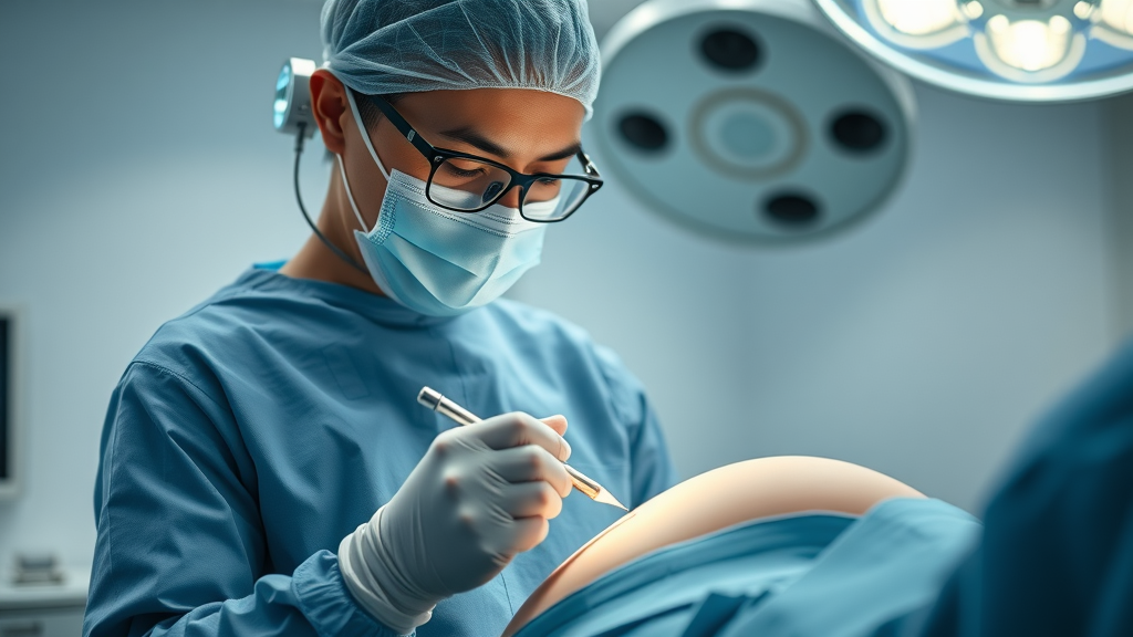 Surgeon performing hi-def vaser liposuction in modern clinic with advanced tools
