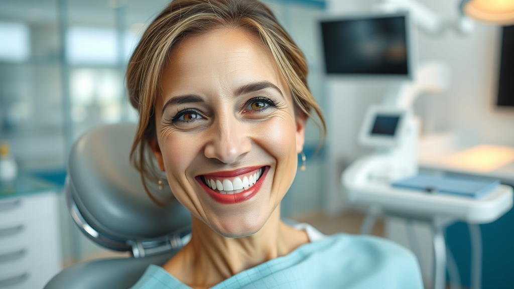 Confident woman with perfect smile in modern dental office, cosmetic dentistry