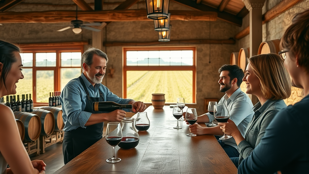 Winery host pouring wine for happy guests in rustic tasting room
