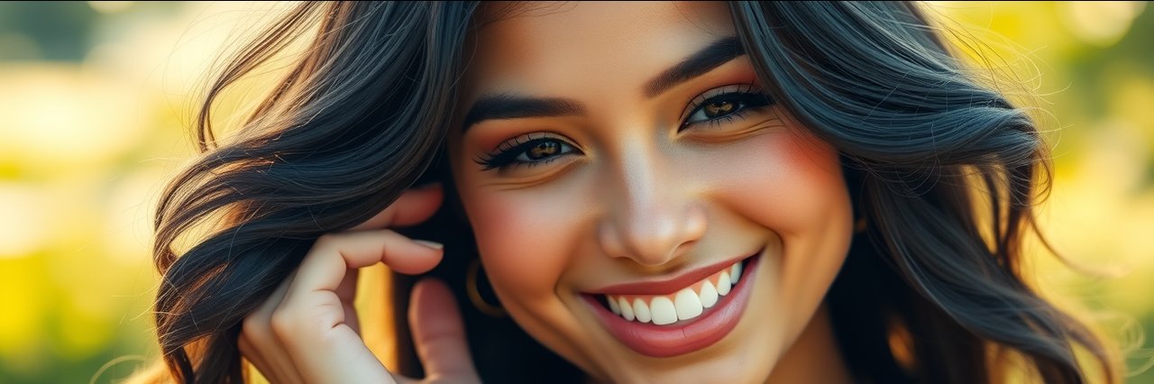 Radiant woman with smooth skin smiling outdoors, showcasing corrective skin treatments.