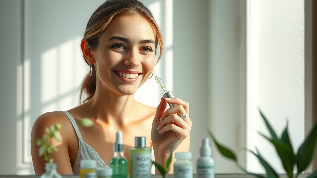Woman with glowing skin applies serum after expert skin consultation services
