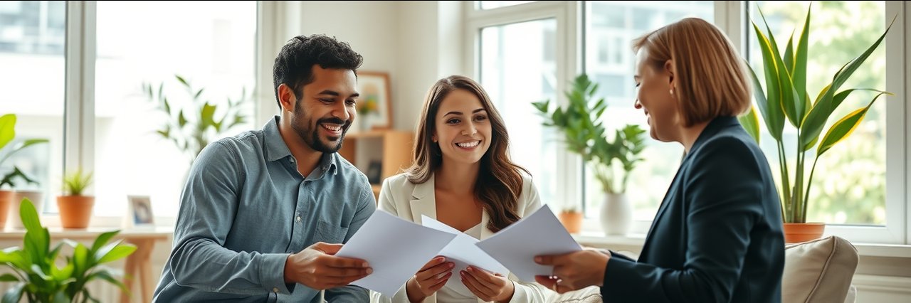 Happy couple receiving home buying guidance in a sunlit modern living room.