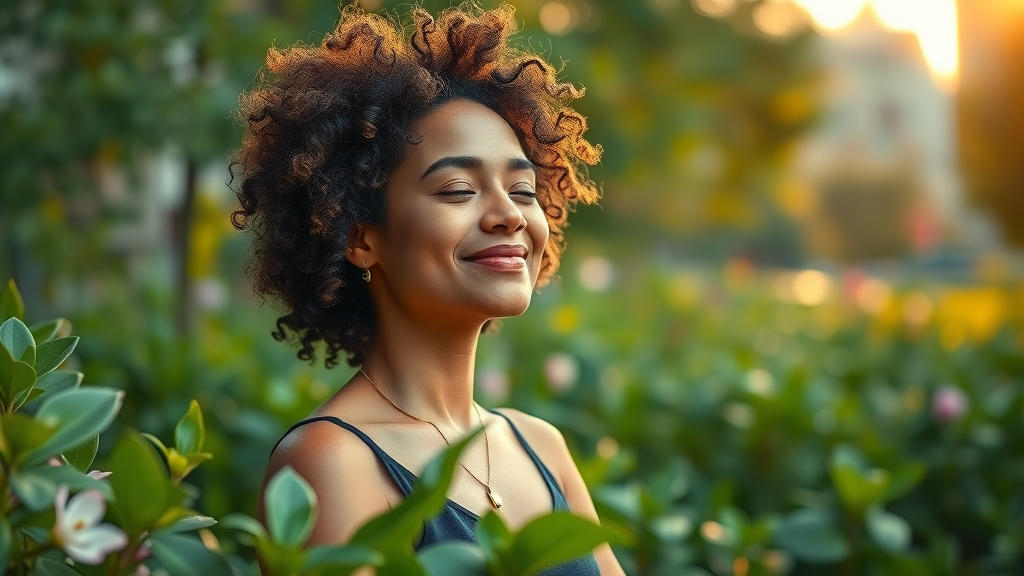 Young woman meditating mindfully in peaceful urban garden at sunrise.