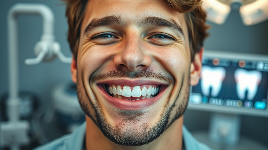 Confident smiling man reveals perfect teeth after cosmetic dentistry