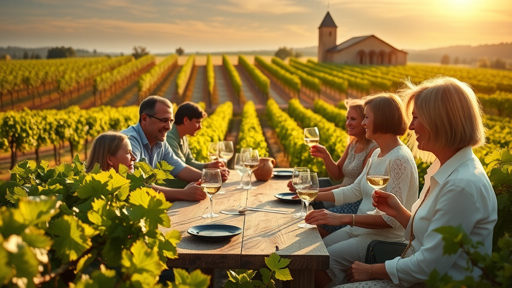 Winery guests swirling wine glasses at a scenic vineyard tasting table