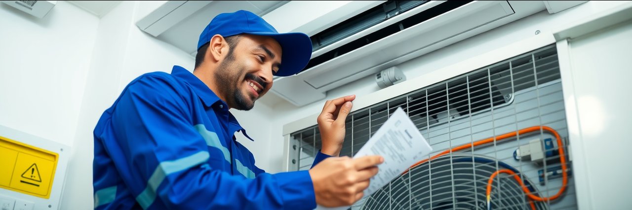 HVAC technician performing maintenance, HVAC maintenance plans, modern utility room