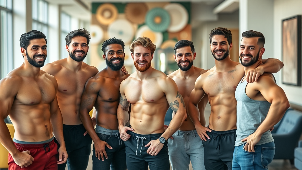 Diverse men with sculpted bodies show confidence after male body sculpting.