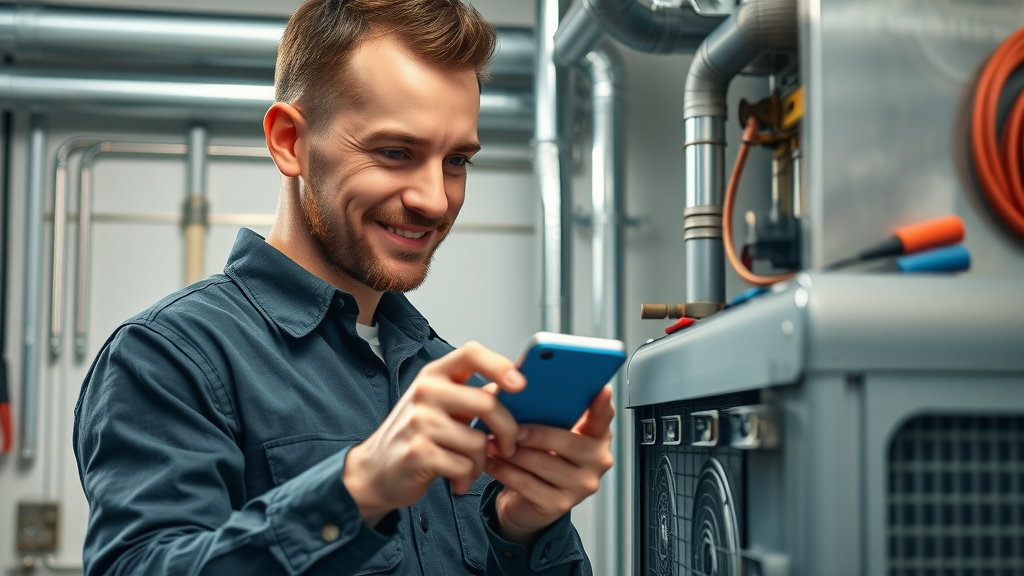 Heating system repair expert using diagnostic tool on home HVAC unit