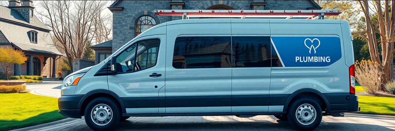Plumbing van parked for gas line appliance installation at residential home