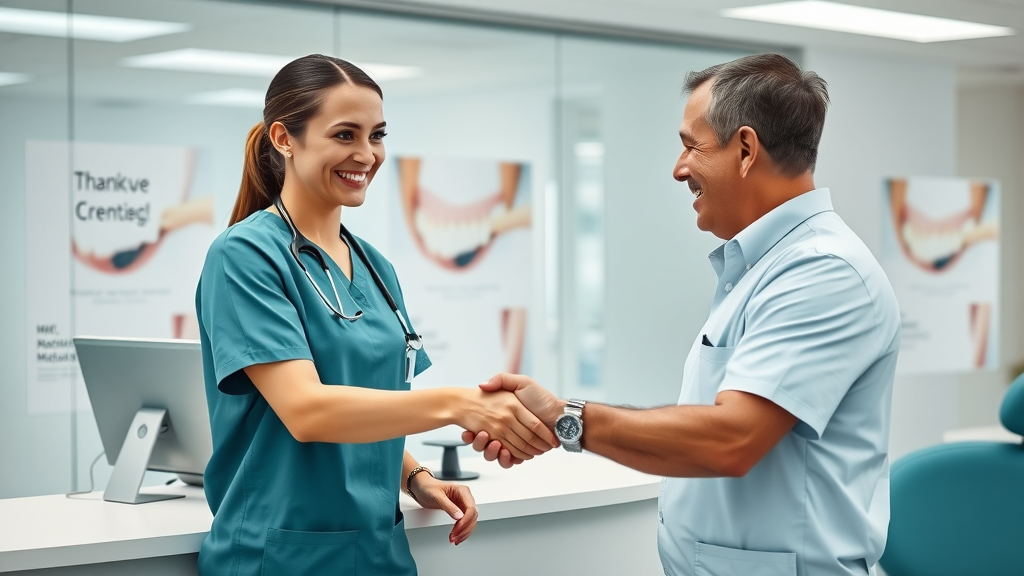 Dentist and patient shaking hands at checkout, discussing dental payment plans.
