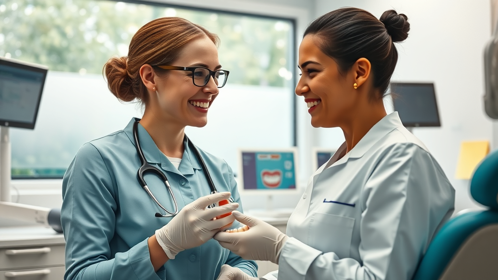 Cosmetic dentist consults with patient in bright office on dental options