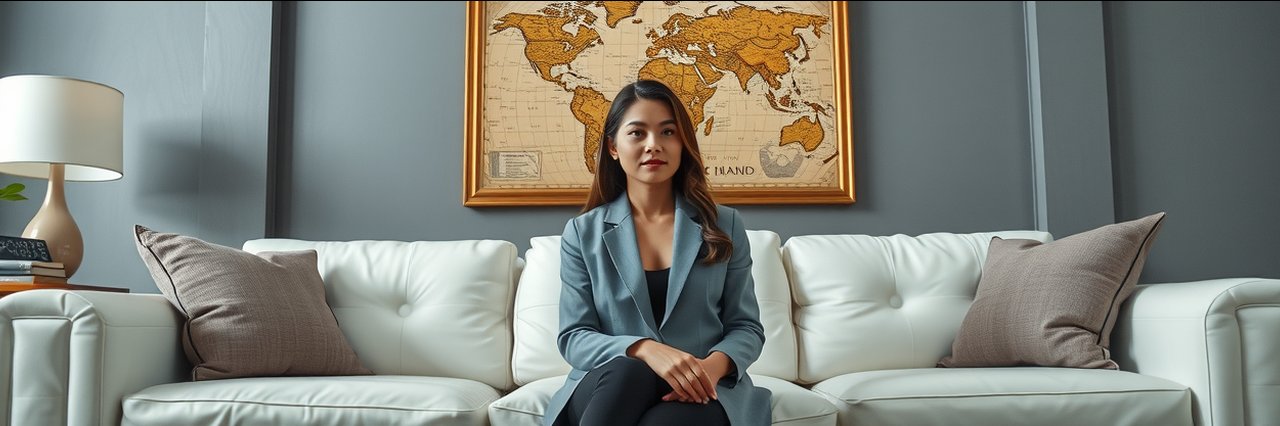 Confident female realtor seated in a modern living room, new construction homes.