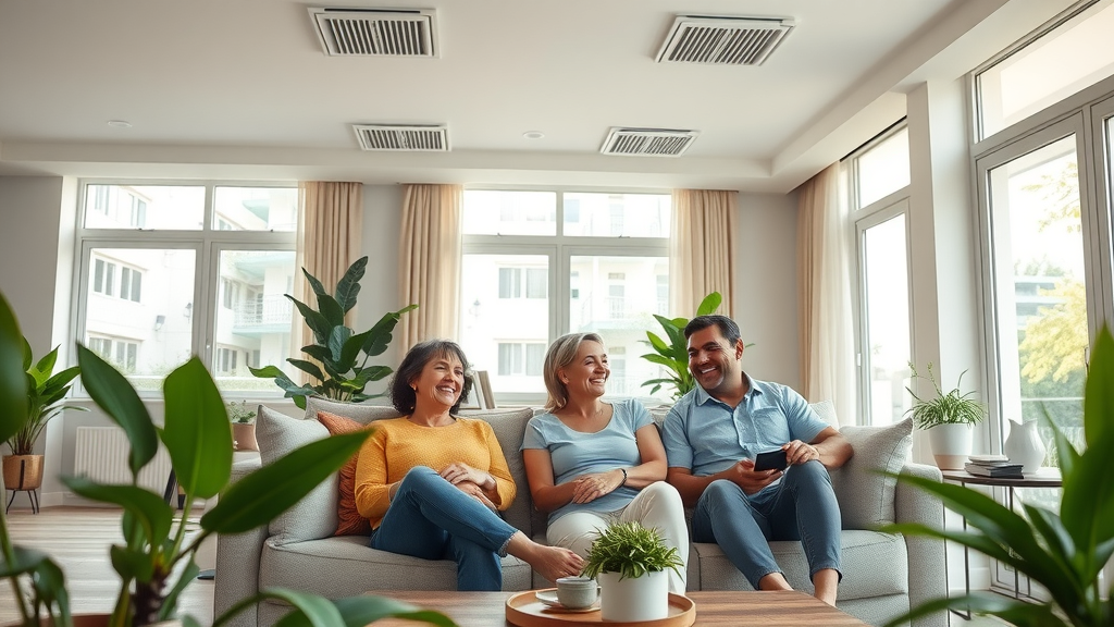 Happy family enjoying comfort from HVAC maintenance plans in a cozy living room