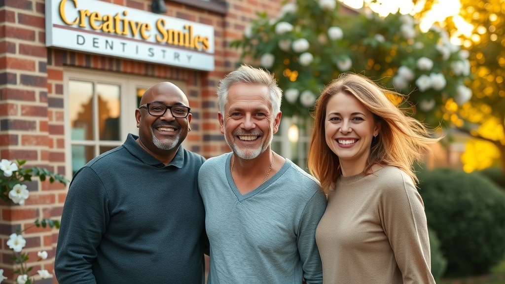 Healthy smiling family at Huntington NY dentistry clinic exterior, vibrant and welcoming