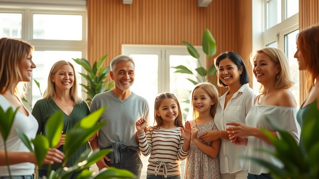 Holistic medicine group wellness clinic with diverse smiling patients in natural light