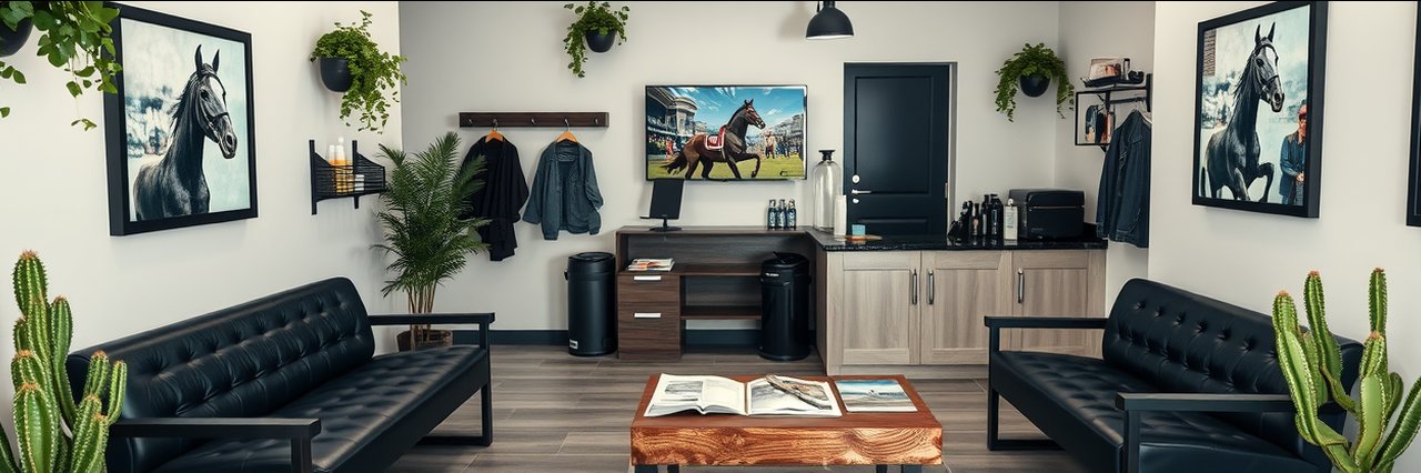 Inviting family friendly barbershop waiting area with benches, plants, and TV.