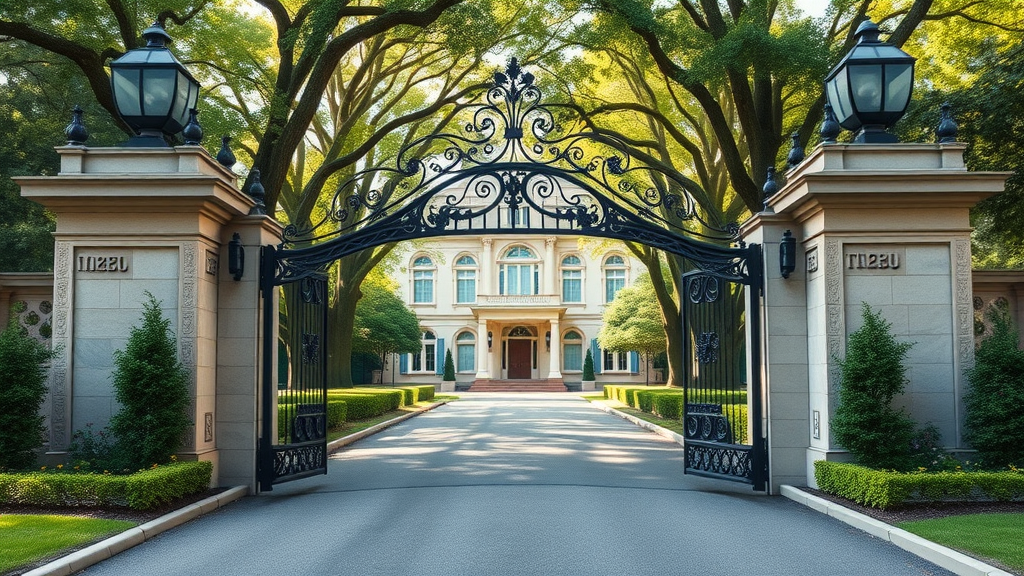 Elegant gated entrance to Maria Babaev luxury estate on Long Island