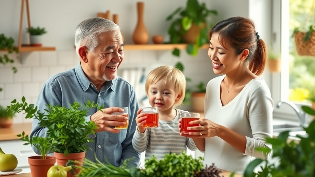 Family enjoying herbalist detox program tea in a bright, plant-filled kitchen