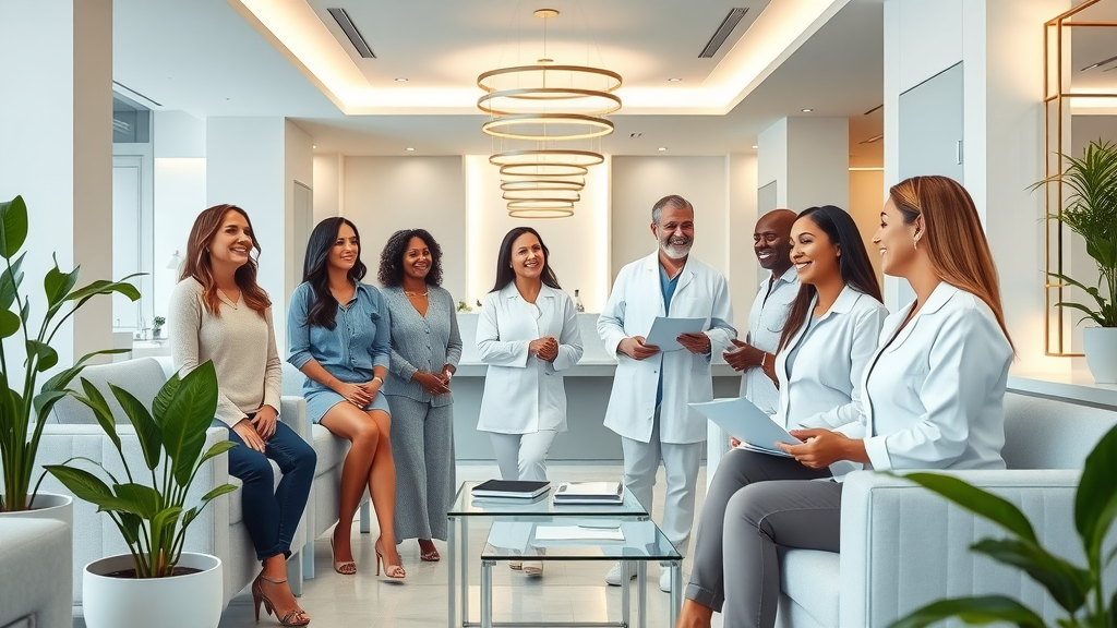 Modern medical spa lobby with diverse clients and staff discussing skincare.