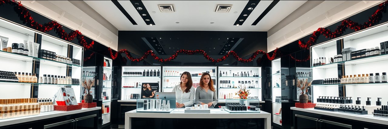 Makeup boutique interior with professional displays and makeup service tips.