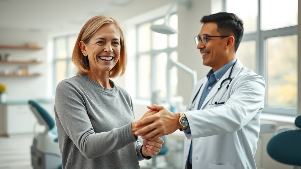 Confident woman choosing the right dentist, modern dental office environment