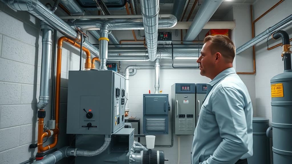 Professional performing heating system repair in modern clean basement