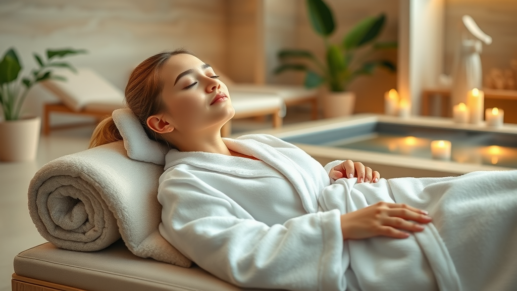 Serene day spa lounge with woman relaxing in robe for instant stress relief