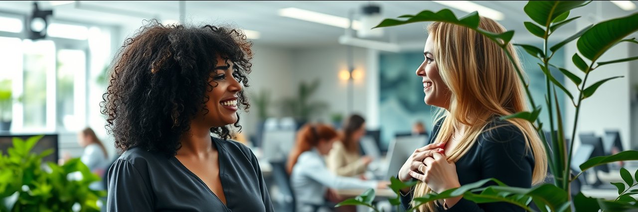 Two women discuss alternative medicine near a green plant in a modern office.