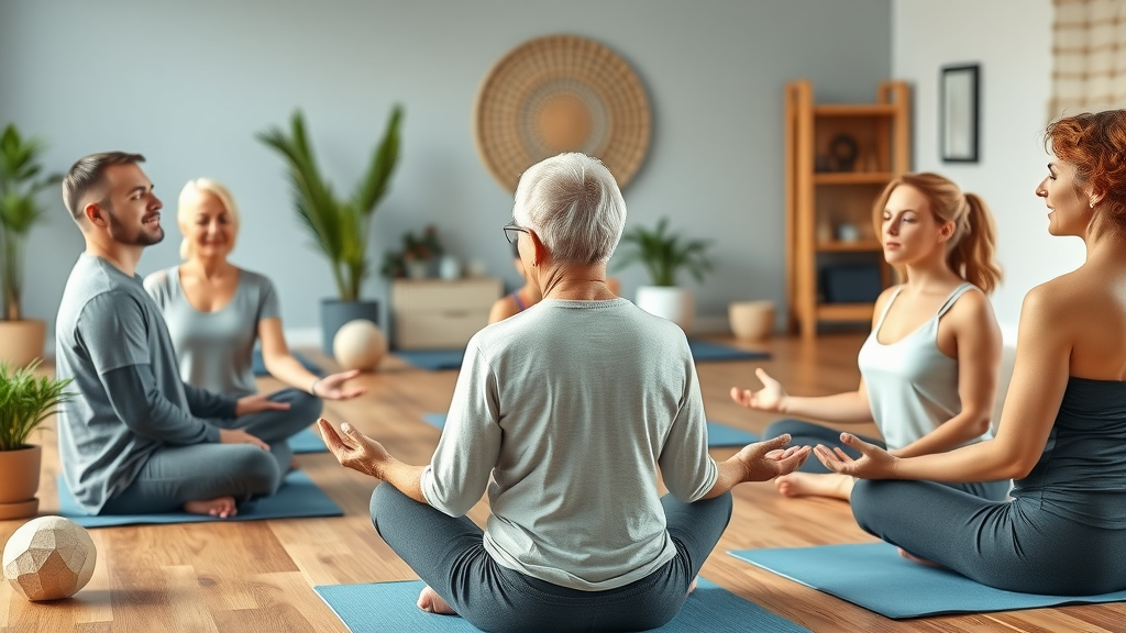 Friends in yoga attire practicing group mindful meditation in a serene studio.
