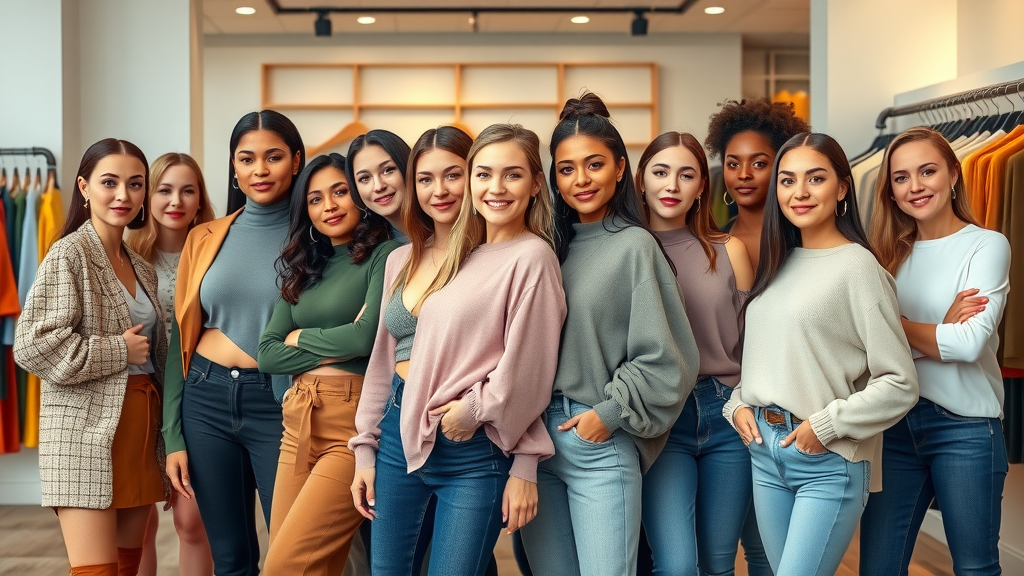 Diverse women modeling stylish women’s fashion apparel in a boutique