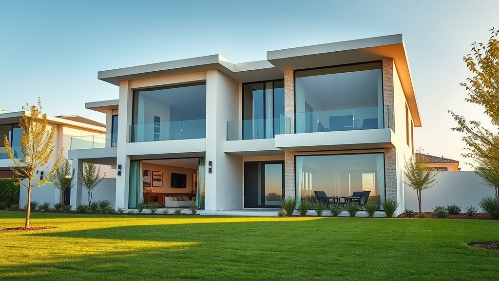 Modern new construction home with landscaped yard and sunlight, luxury living.