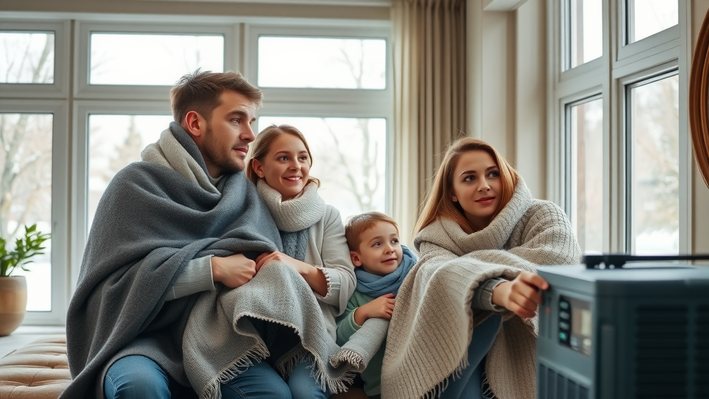 Family watching heating system repair technician restore cozy warmth