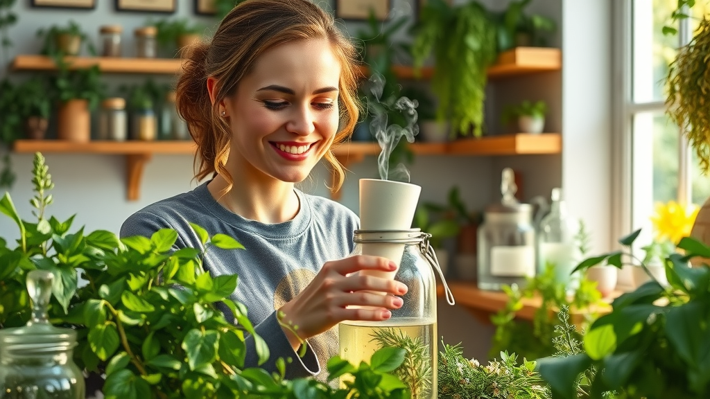 Herbalist preparing detox program with fresh herbs in sunlit home apothecary