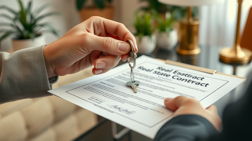 Agent hands keys to buyers with home buying guidance paperwork in office.