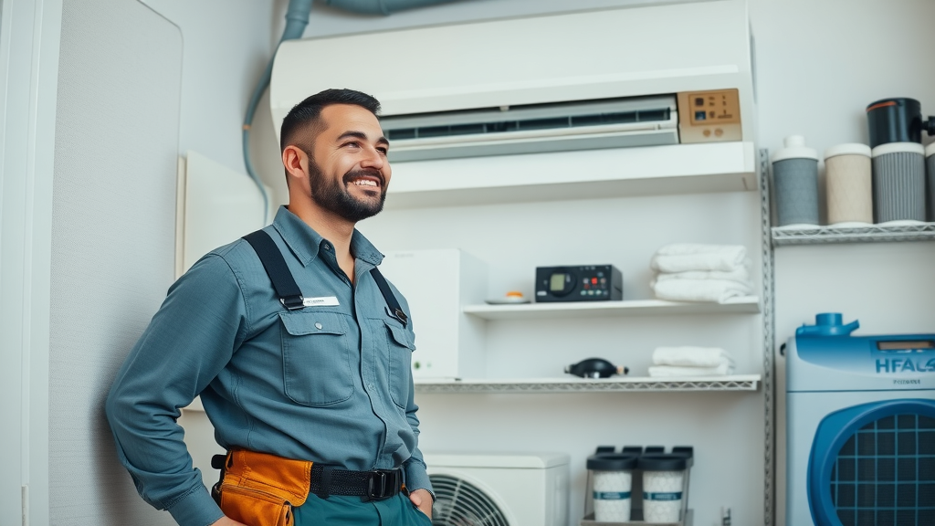 Technician servicing central air system with HVAC maintenance plans for home comfort