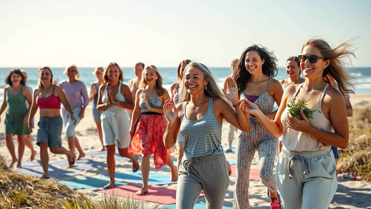 Diverse group enjoying Long Island health & vitality activities on beach