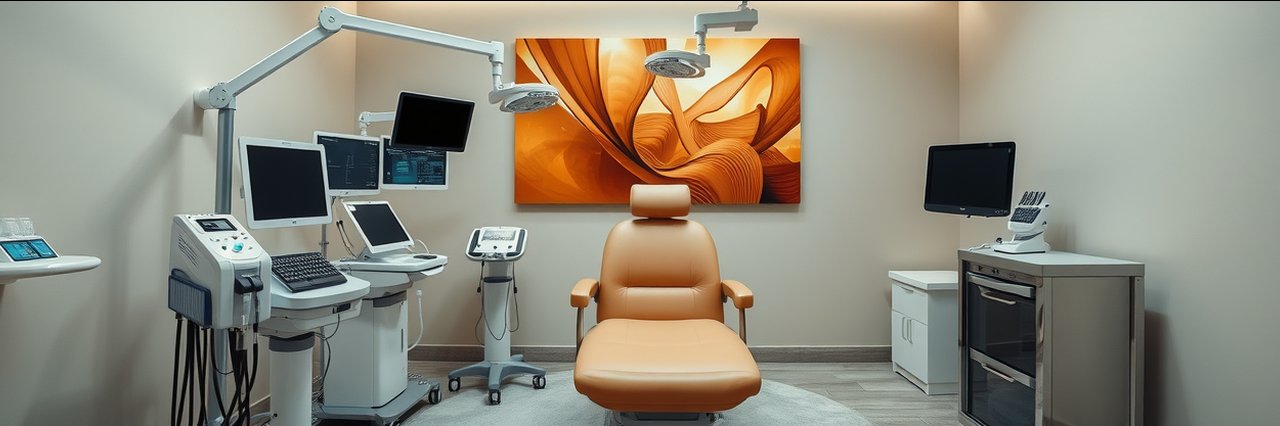 Clean male body sculpting clinic room with modern equipment and stylish decor.