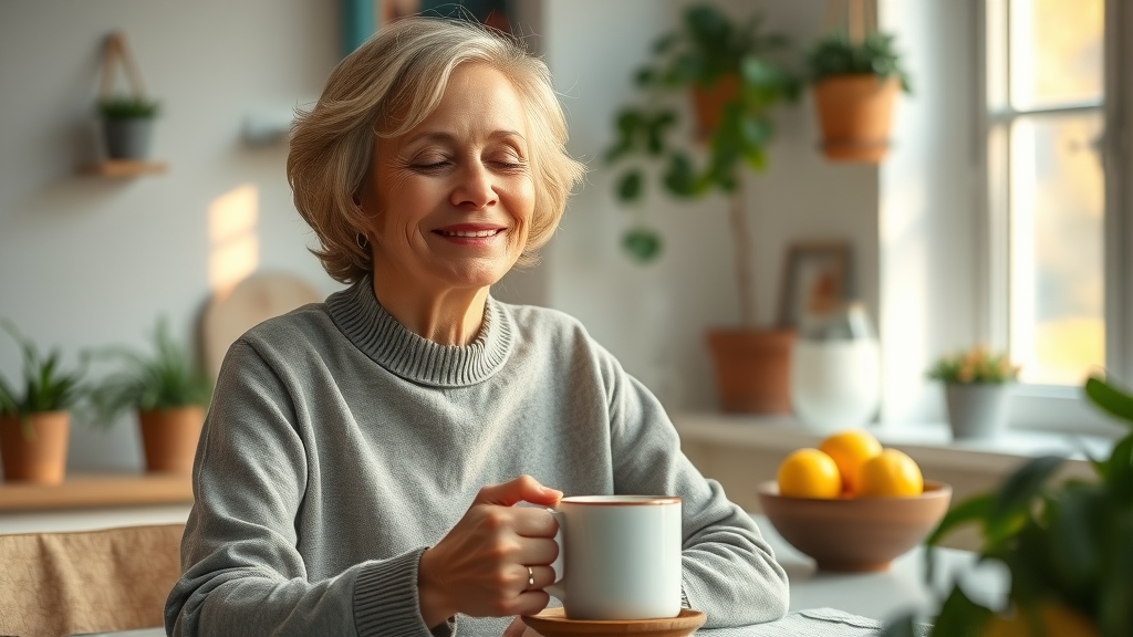 Mature woman enjoying mindful meditation practice at home kitchen table.