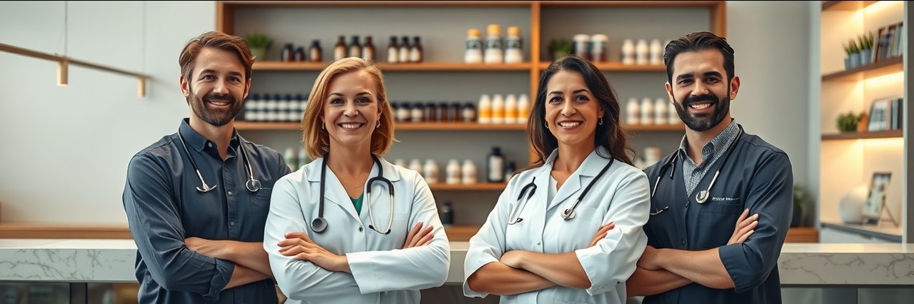 Highly skilled holistic practitioners at a modern wellness clinic reception