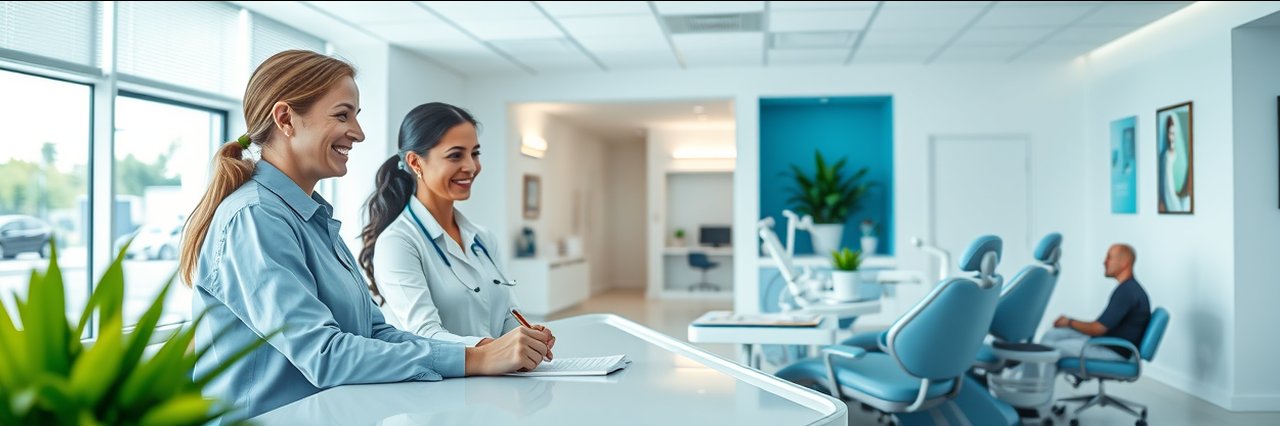 Patient reviews dental payment plans at modern office reception counter.