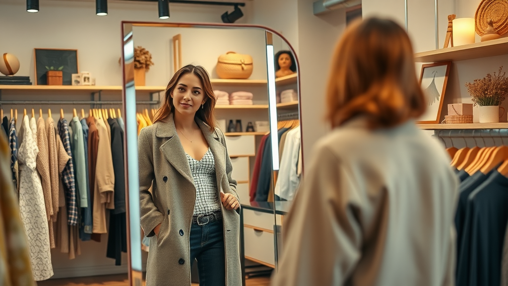 Woman exploring fashion life boutique curated fashion in chic boutique setting